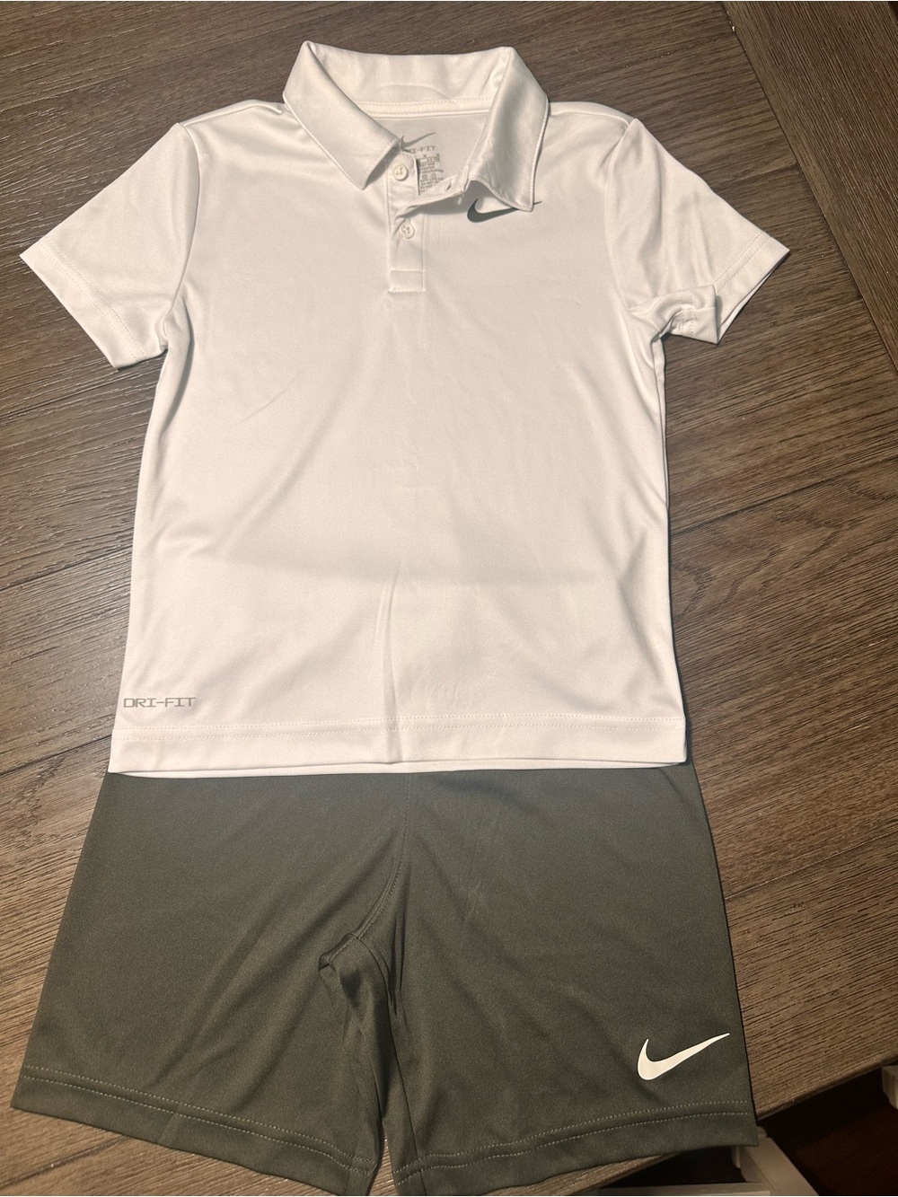 Kids/Youth Nike White Dri-FIT Polo & Olive Green Nike Shorts Set